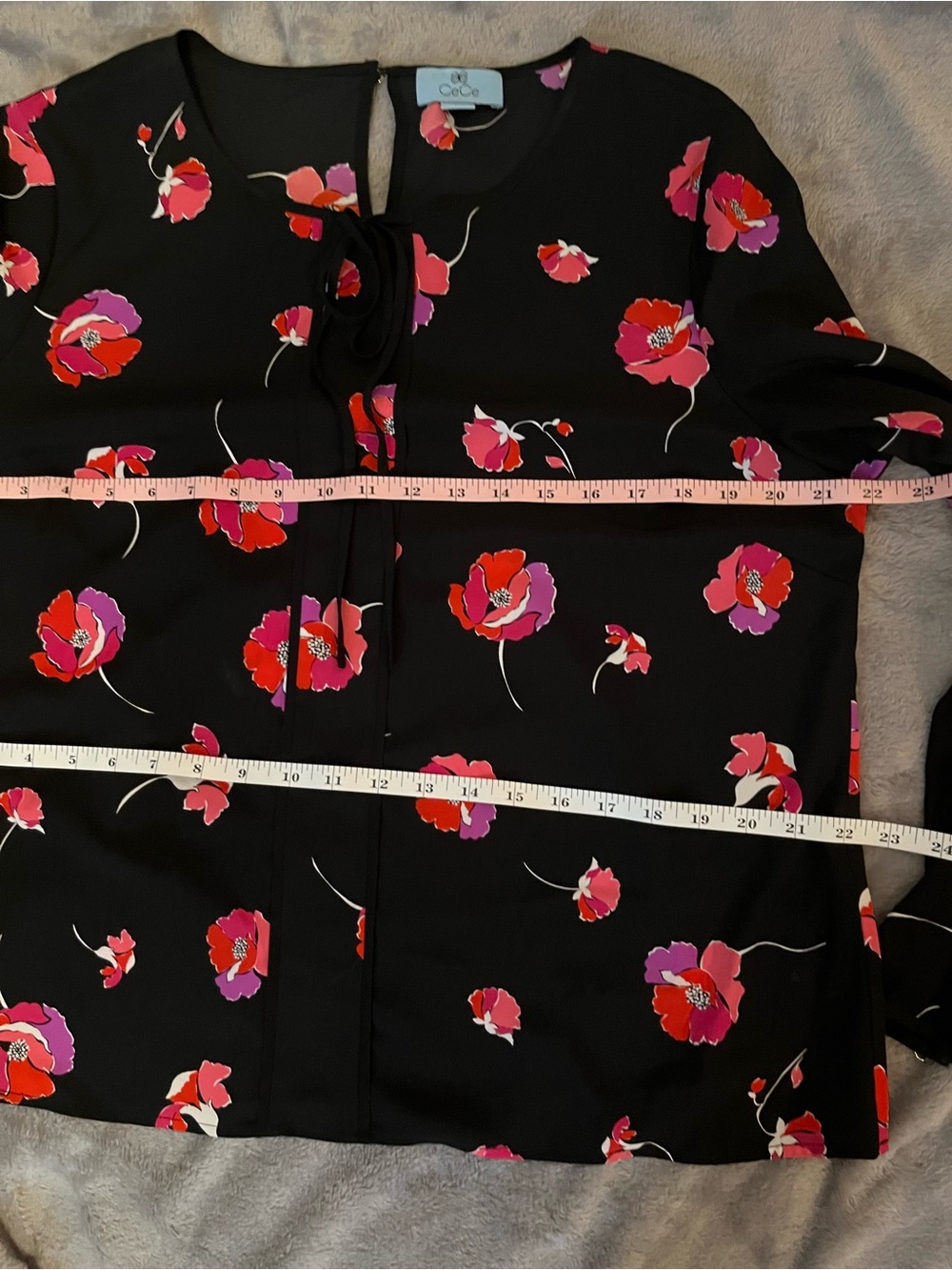 CeCe Black Blouse with Red and Pink Floral Accent EUC - Picture 2 of 5